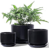 LE TAUCI Plant Pots, 11+13+17 cm Ceramic Planters, Set of 3 Flower Pots with Drainage Hole and Saucer, Indoor Plant Pot with Hole Mesh Pad, Gifts for Mom, Black