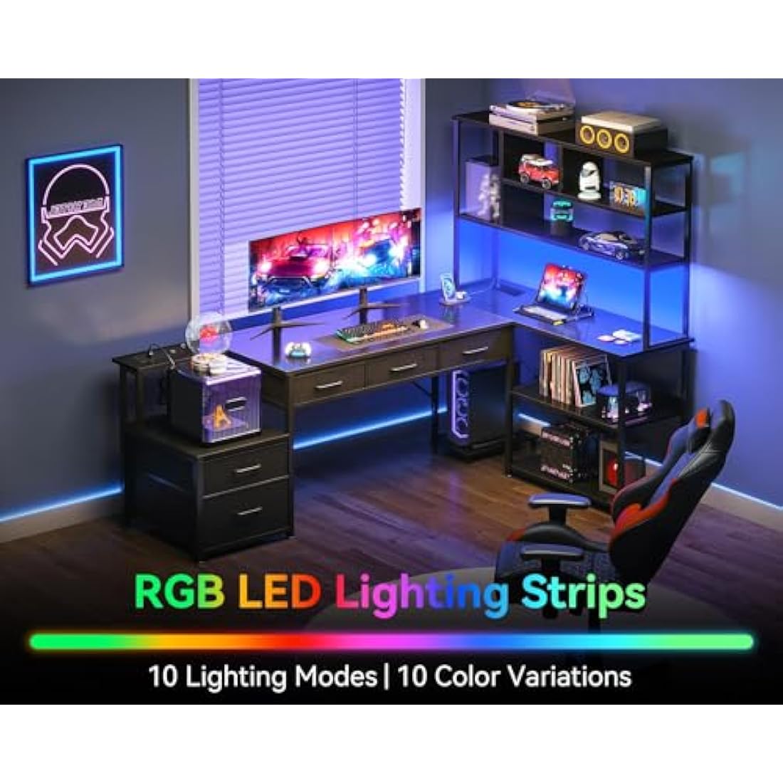 Coleshome L Shaped Corner Desk with Drawers, Reversible Home Office Computer Desk with Storages & Shelves, Gaming Table with LED Lights & Power Outlets Black, 180 × 100 cm