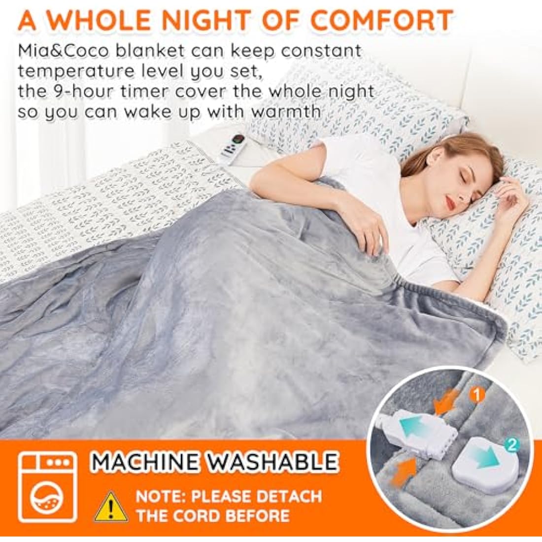 Mia&Coco Electric Heated Blanket Throw Flannel Sherpa Fast Heating 120x160cm, 10 Heat Levels & Up-to-9-Hours Auto-Off Timer & LED Display, for Home Office Use, Machine Washable, ETL Certified, Grey