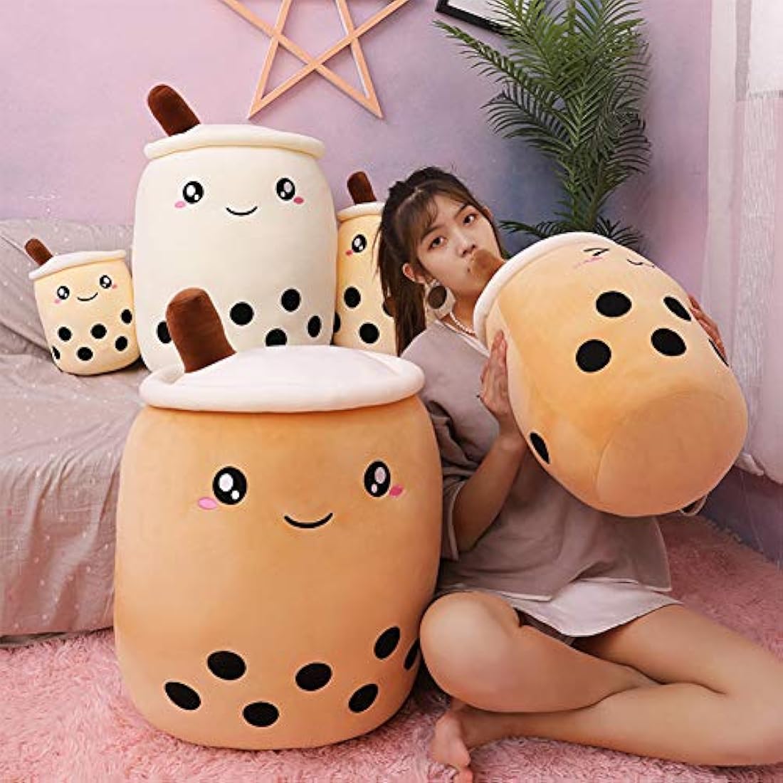 AMOZO Cute Cartoon Boba Milk Tea Soft Plush Doll, Giant Boba Bubble Plushie Stuffed Tea Cup Pillow Gift Toys(Coffee,24cm)