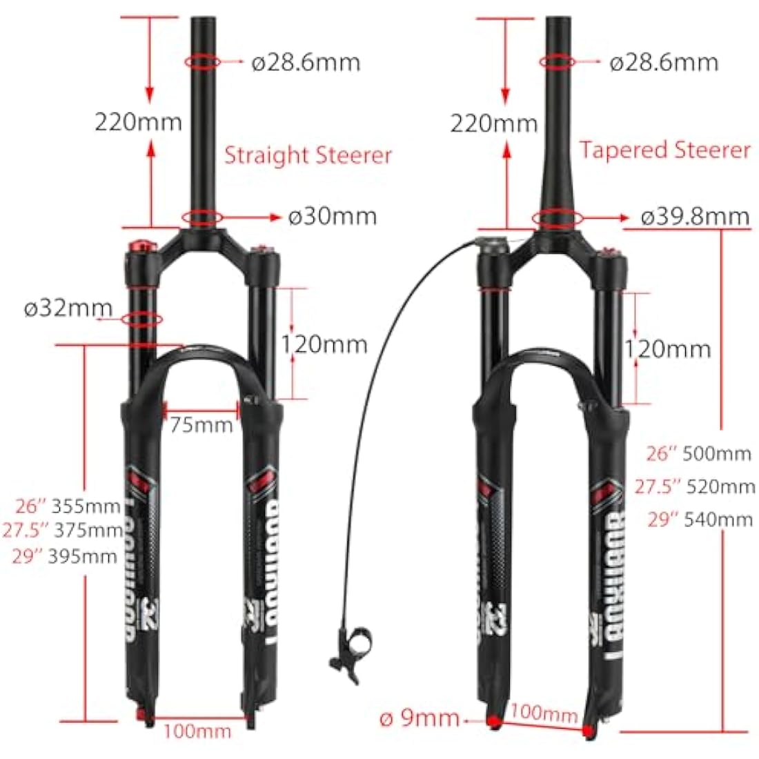 LANXUANR 26/27.5/29 Inch Mountain Bike Fork Rebound Adjustment,Air Supension Front Fork 100mm Travel,9mm Axle,Disc Brake