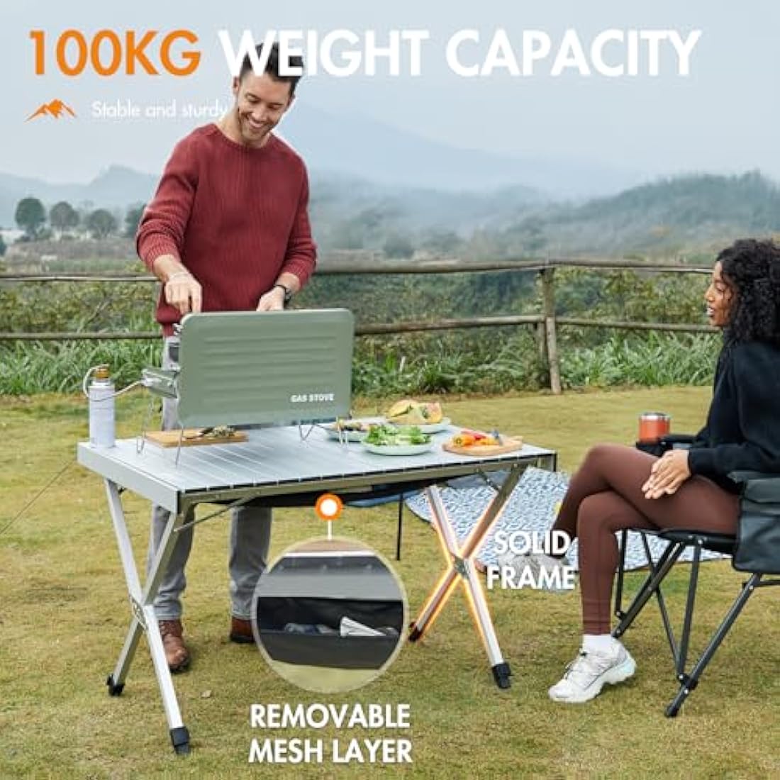 PORTAL Large Camping Table Folding 108x71cm Height Adjustable Picnic Table Foldable All Aluminum Roll Up Top Collapsible Outdoor Desk Lightweight Garden Table Load 100KG for Caravan BBQ Dining Beach