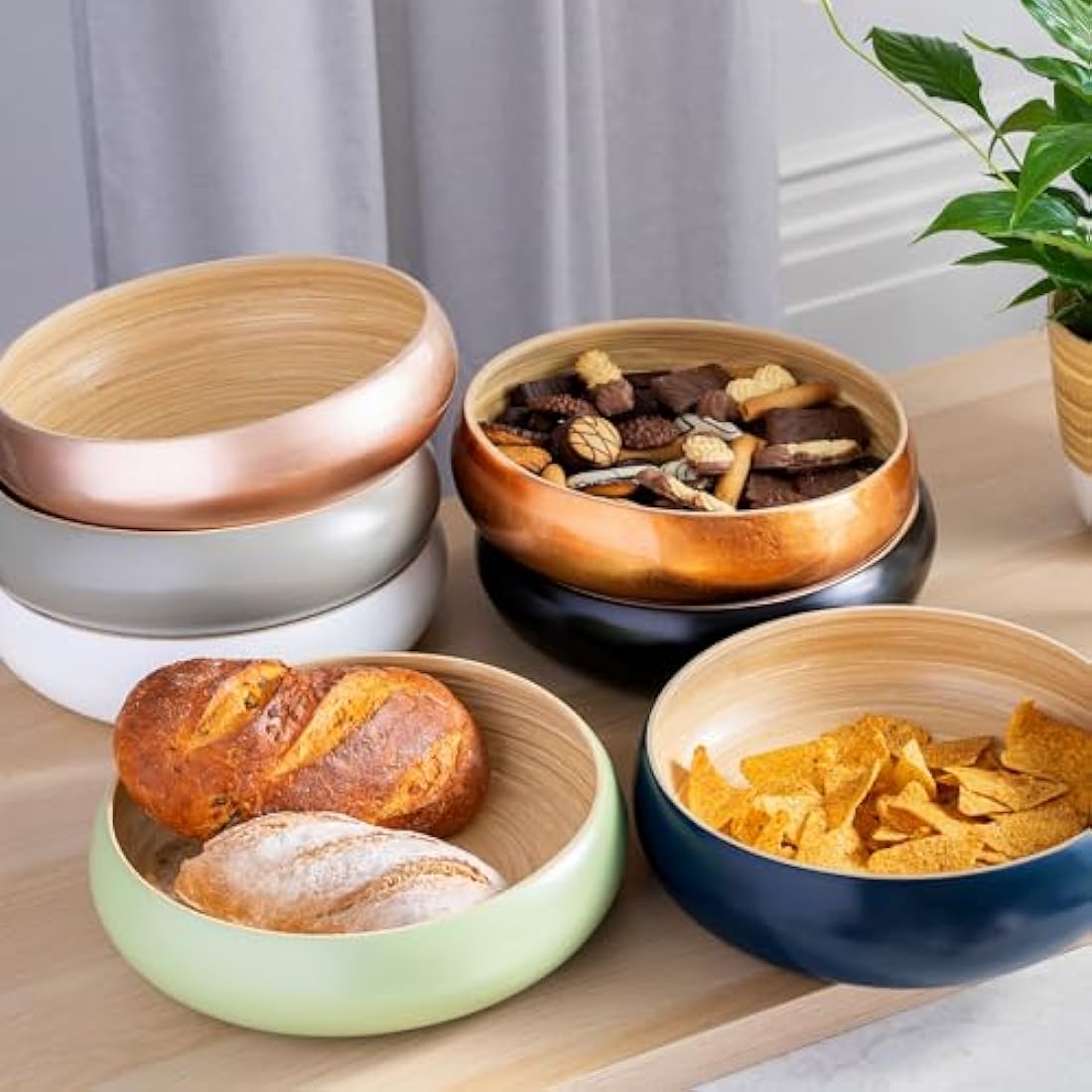 Dehaus® Large Stylish Bamboo Fruit Bowl - 30cm, Rose Gold - Wooden Salad Serving Bowl - Fruit Basket for Kitchen or Bread Basket - Table Centrepiece Decoration - Home & Kitchen Tableware Accessories