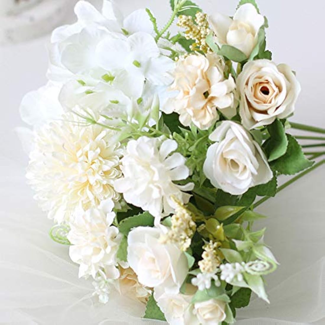 Leixi Artificial Hydrangea Flowers Plants With Pot, 11 × 20cm Fake Plants in Metal Pot, Silk Roses Flowers for House Office Desk Kitchen Table Windowsill Decoration, New House Gift (White)