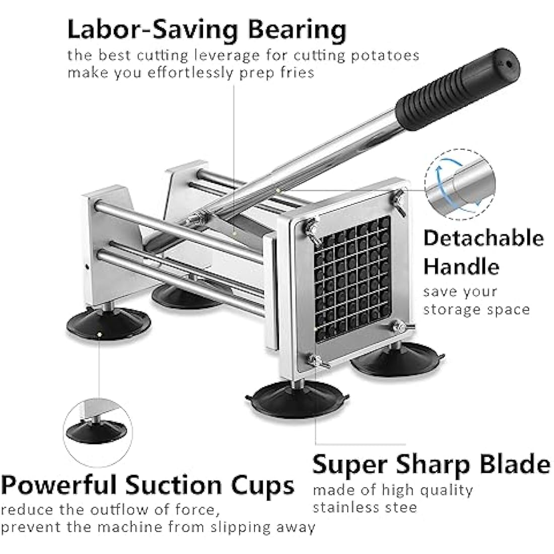 Potato Chipper Cutter, French Fry Cutter Stainless Steel Potato Chip Cutter Includes 3/8",1/2" Blades with 4 Suction Feet for Potato Carrot Cucumbers Vegatable