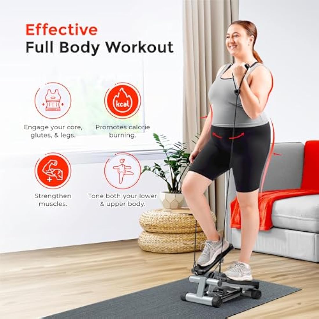 Sunny Health & Fitness Mini Stepper for Exercise at Home, Stair Step Workout Machine with Resistance Band and Over 135KG Weight Capacity, Optional Twist Motion and Free SunnyFit App Connection
