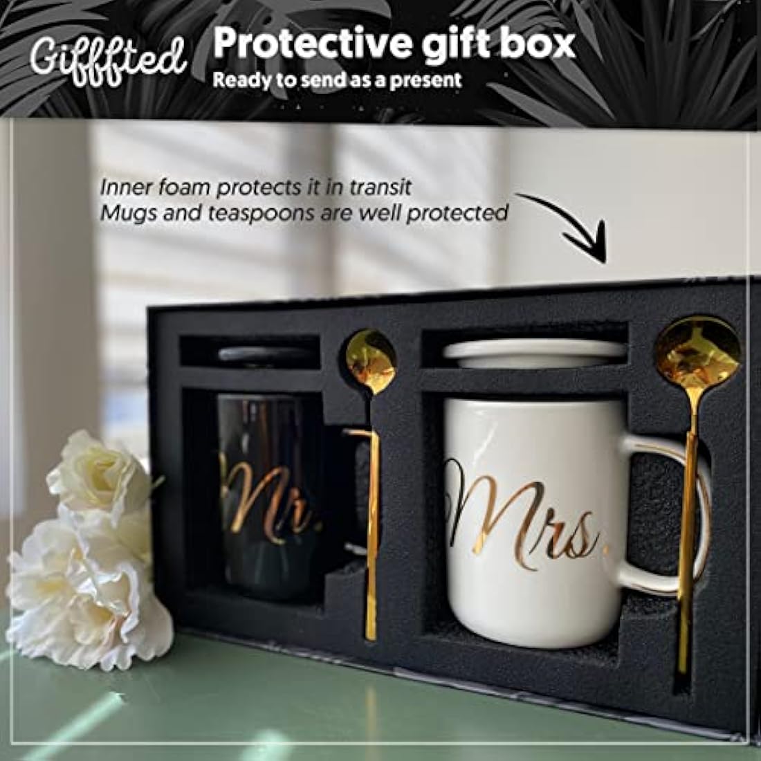 Triple Gifffted Mr and Mrs Couples Gifts for Wedding Anniversary, Engagement, Christmas, Valentines, Him Her, His Hers Newlywed Mugs, Bride Groom, Couple Gift, Lids, Ceramic Cup, 380 ML