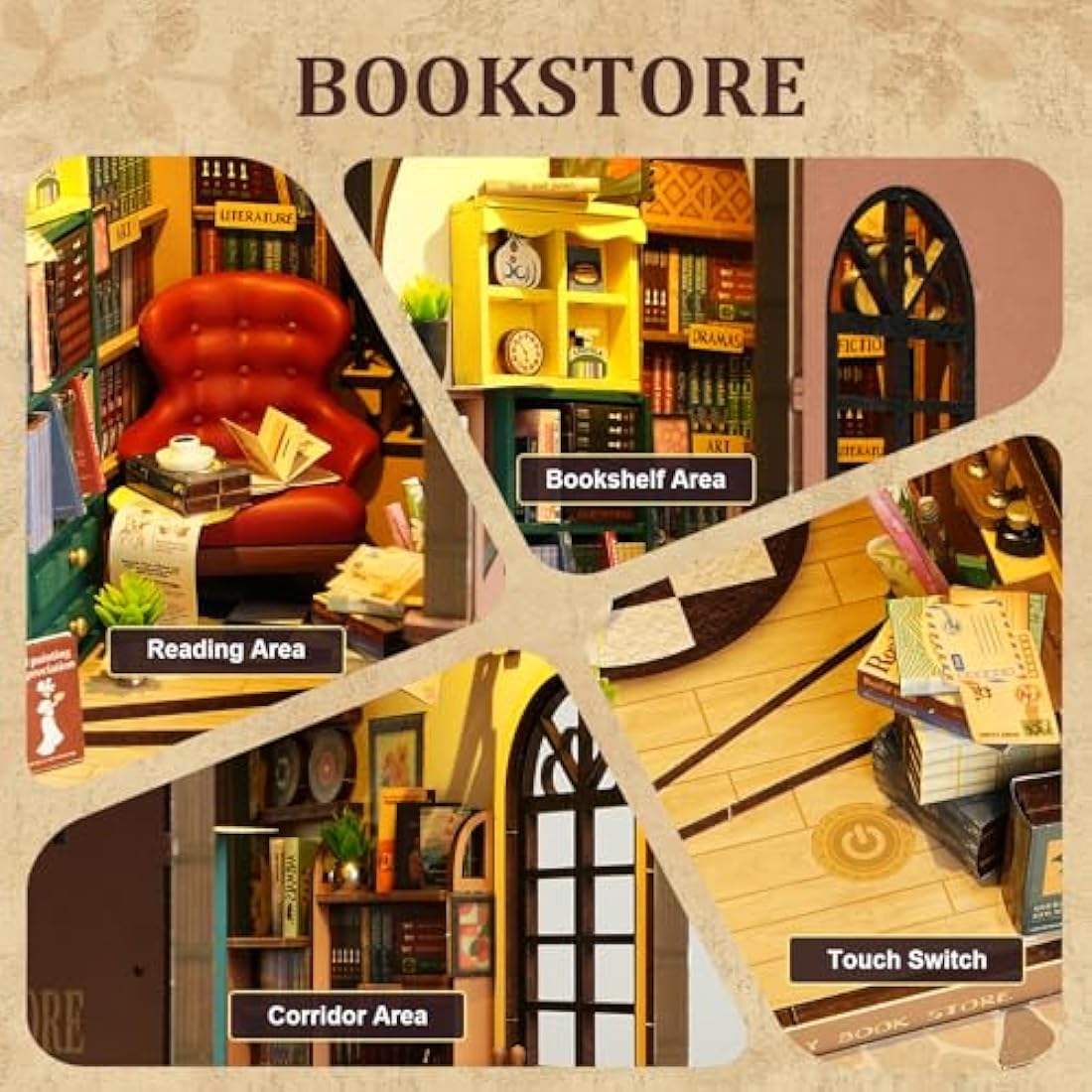 ROBOTIME Book Nook Kit for Adults with LED Lights, Bookstore Booknook 3D Wooden Puzzle, DIY Miniature Dolls House Kit, Book Shelf Decoration Christmas Birthday Gift for Adults Kids