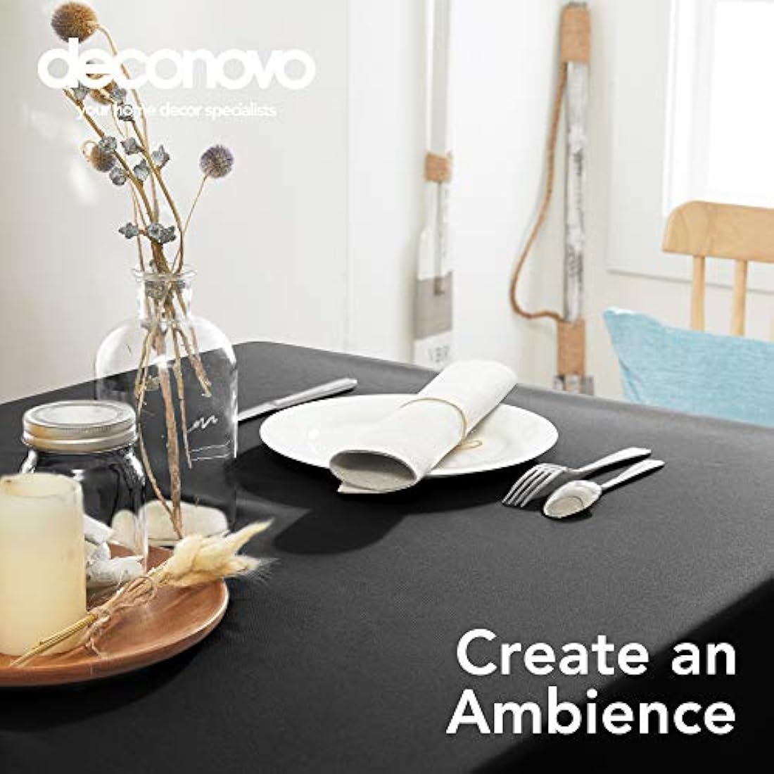 Deconovo Halloween Decorations Table Cloth Oxford Tablecloth Wipeable Plain Rectangle Tablecloth for Outdoors 137x200cm(54x79in) Black