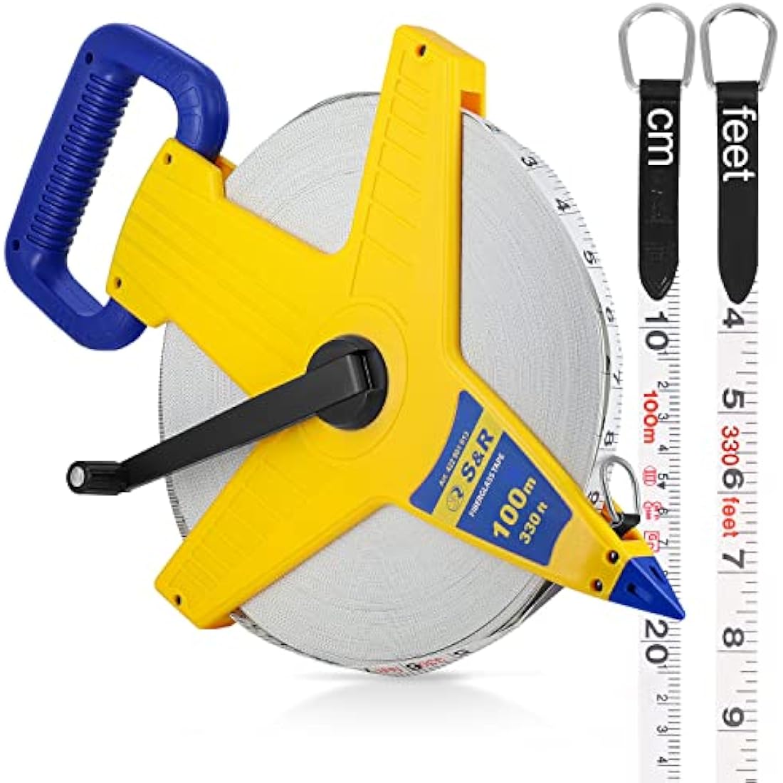 S&R Surveyors Tape Measure – 100m / 330ft Fiberglass Measuring Tape | Double-Sided Metric & Imperial Markings | Durable ABS Reel with Crank