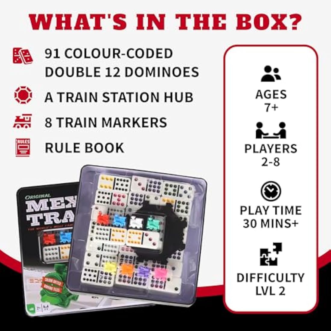 Tactic Mexican Train Domino Game for Kids, Adults, 2-8 Players - Portable, Compact Colored Domino Train Game in a Tin Box - Perfect for Game Nights, Get Togethers