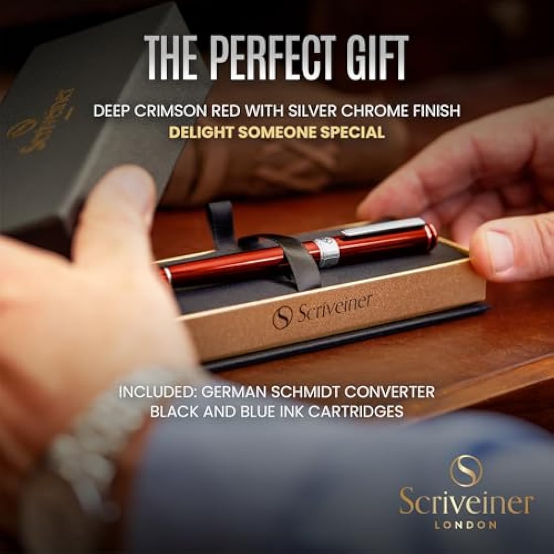 Scriveiner Red Lacquer Fountain Pen Stunning Pen with Chrome Finish, Schmidt Nib (Fine), Best Pen Gift Set for Men & Women, Professional, Executive, Office, Nice Pens