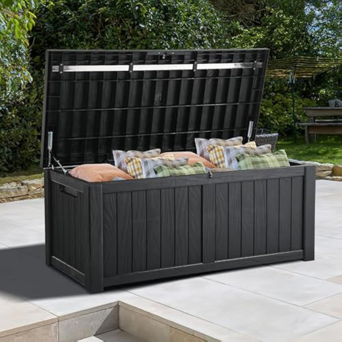 EAZILIFE 430L Garden Storage Box Outdoor Indoor Plastic Store Box/Bench Seat for Cushions, Toys, Games, DIY Pool Equipment - 125x56x61 Dark Grey Heavy Duty