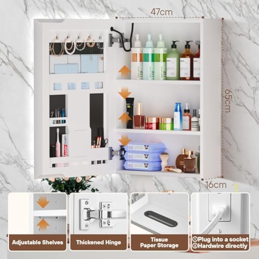 Tianqinuk Bathroom Mirror Cabinets Wall Mounted - Dimmable Mirror Cabinet with LED Lights - Bathroom Cabinets with Anti Fog Memory Function - Adjustable Shelves, Touch Sensor, Concealed Storage