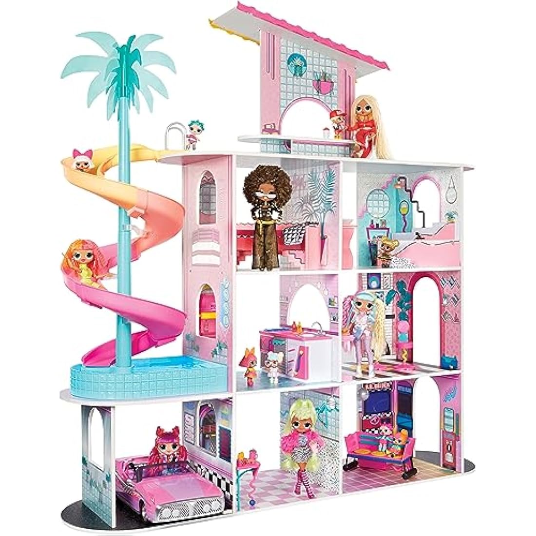 L.O.L. Surprise OMG Fashion House Playset with 85+ Surprises - Real Wood Doll House with Pool, Spiral Slide, Rooftop Patio, Cinema, Transforming Furniture, and more - Great for Kids Ages 4+