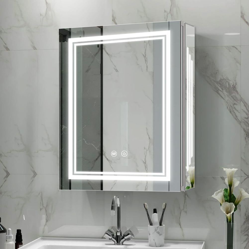 Janboe 20x26inch Medicine Cabinet with Lights, 3 Colors&Dimmable, Demister, USB Shaver Socket, White, Bathroom, Modern Style