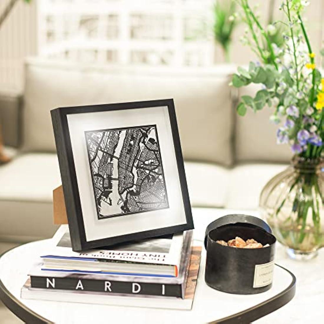 O3 DESIGN STUDIO Cambridge Paper Cut Map framed, White map, Black frame, 9x9 inches, Gift Boxed, 4 background color, self-changing, Paper Art