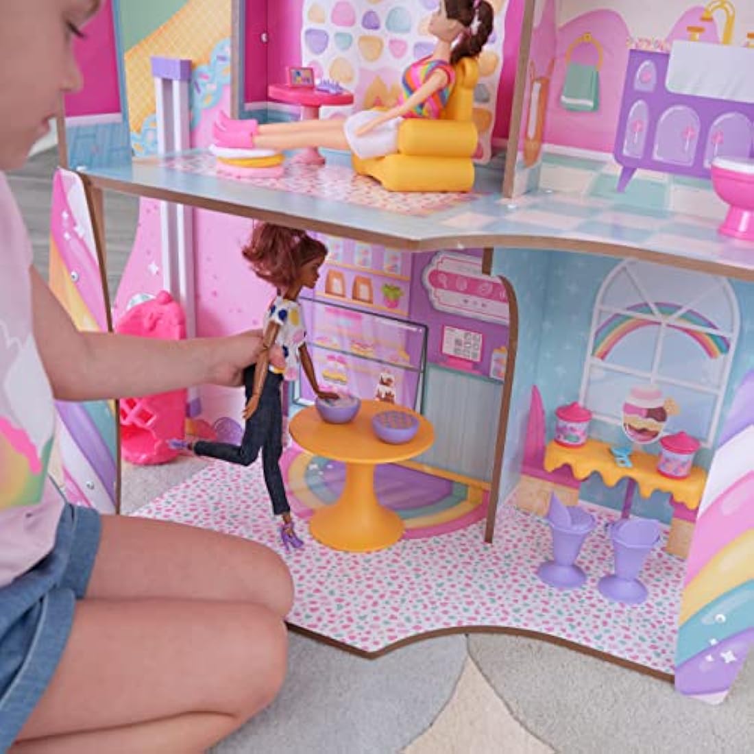 KidKraft Candy Castle Wooden Dolls House with Furniture and Accessories, Play Set with Llama Unicorn Figurine, Ice cream Cone Lift and Gummy Bear Chair for Dolls, Kids' Toys, 20242