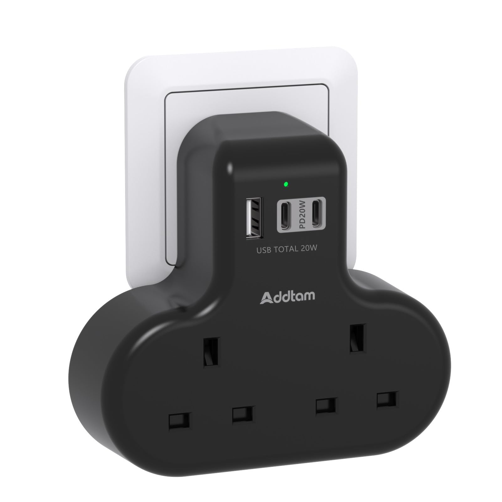 PD 20W Double Plug Extension with 3 USB Ports (2 USB-C), 2 Way Multi Plug Adaptor, 13A UK 3 Pin Socket Extension for Home, Office, Travel and School