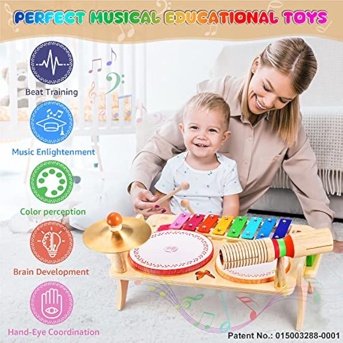 Sweet time Kids Drum Set, Baby Musical Instruments Toys for Toddlers, 7 in 1 Wooden Xylophone Toddler Drum Set Percussion Instruments Musical Toys Birthday Gifts for Children Boys and Girls