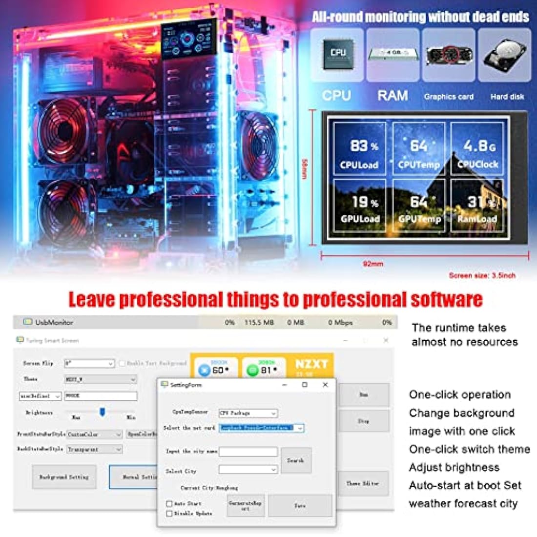 Goshyda PC CPU Data Monitor, 5in IPS USB Mini Screen Computer Sensor Panel Display Temperature Monitor for AIDA64 PC CPU RAM Data Monitor, Only Support for Windows System