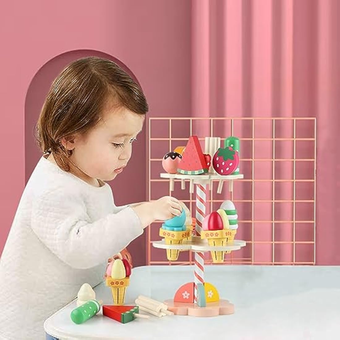 Wondertoys Wooden Ice Cream Stand Pretend Play Kitchen Food Toy Set