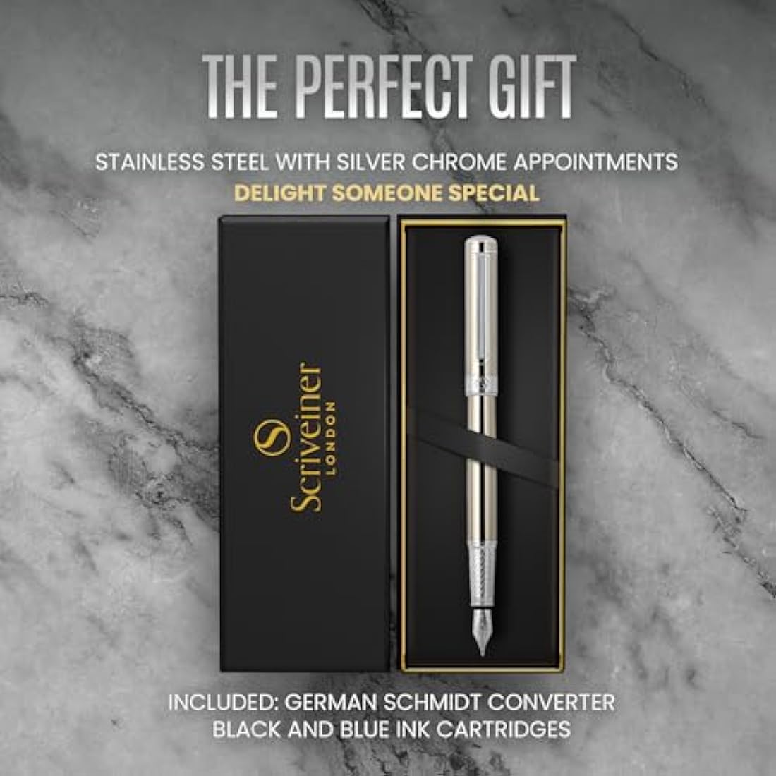 Scriveiner Stainless Steel Fountain Pen - Stunning Luxury Pen with Steel Finish, Schmidt Steel Nib (Fine), Best Pen Gift Set for Men & Women, Professional, Executive Office, Nice Designer Pens