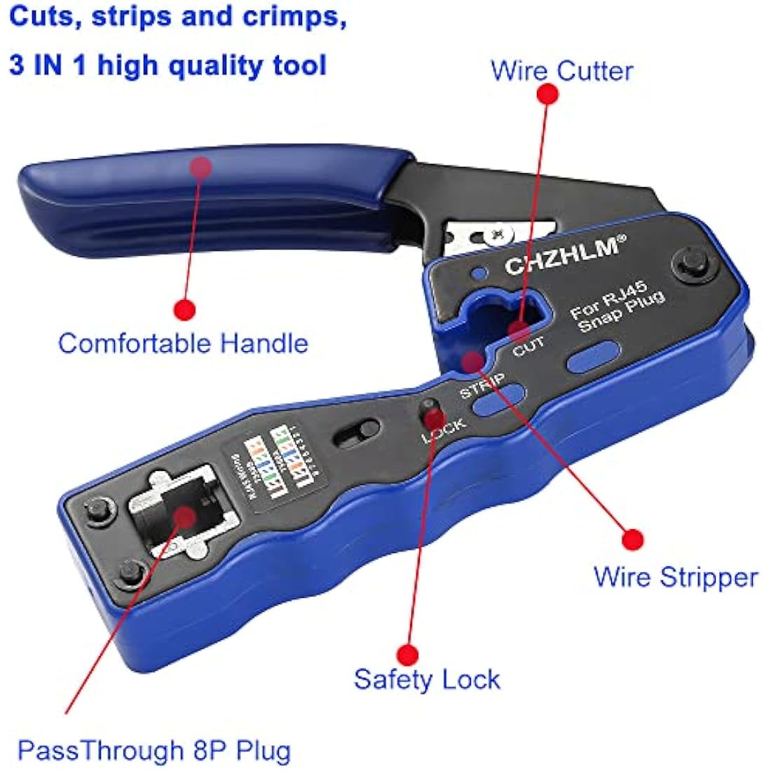 CHZHLM RJ45 Crimping Tool Kit Pass Through Crimper Stripper Cutter All-in-One for Cat5 Cat6 Pass Through Connector with Cable Tester 50Pcs Connectors 50Pcs Covers Mini Stripper