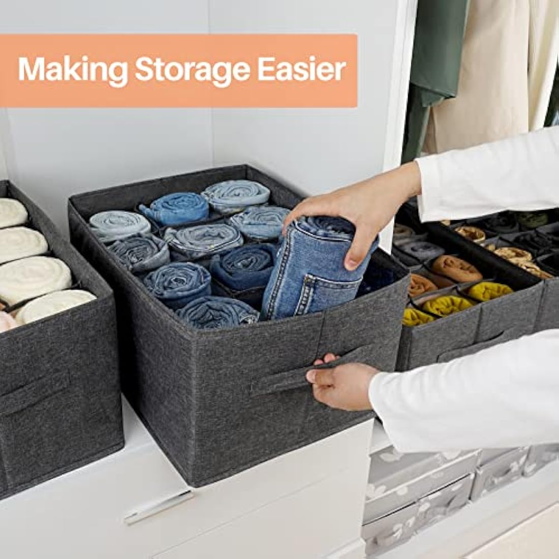 EASEVE 2 Pack Wardrobe Organiser Clothes Storage Boxes - 12 Cell Foldable Closet Shelf Drawer Dividers for Cupboard Organizer, Stackable Clothing Box for Jeans, Trouser, Pants, T-shirt, Sweater