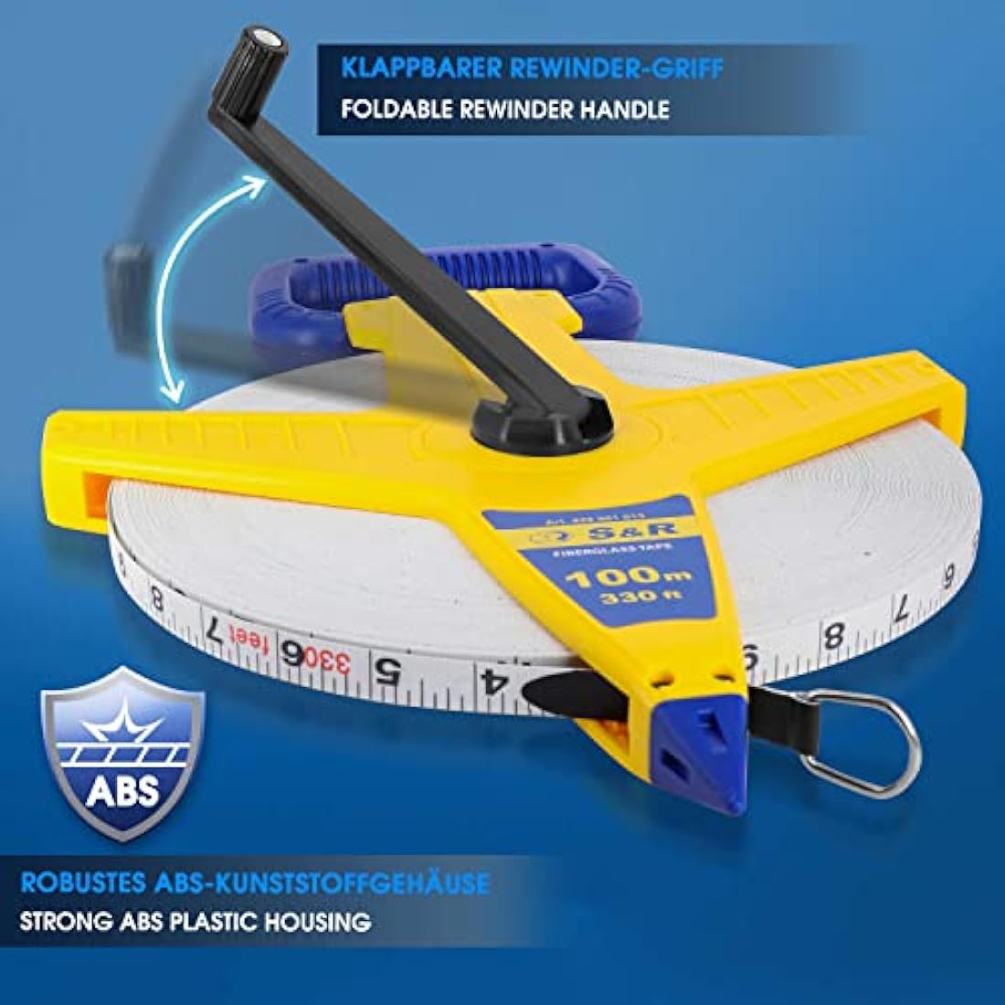 S&R Surveyors Tape Measure – 100m / 330ft Fiberglass Measuring Tape | Double-Sided Metric & Imperial Markings | Durable ABS Reel with Crank