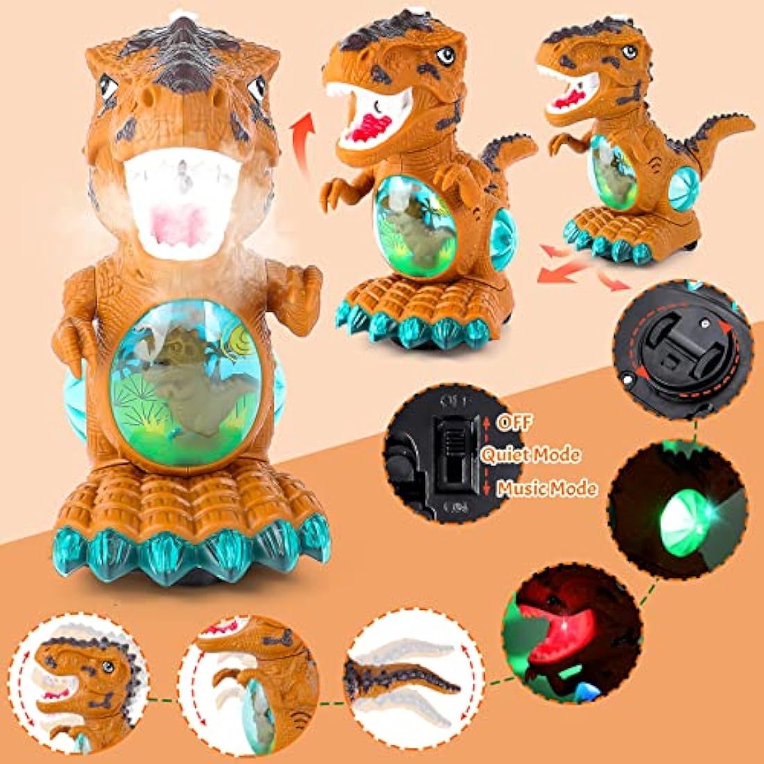 Thedttoy Baby Toys 12 18 Months Dinosaur Light Up Toys, Sensory Walking Toys for 1 2 3 4+ Year Old Toddler, Musical Dinosaur Toy Christmas Birthday Gifts Present for Girls Boys Age 1 2 3 (With Spray)