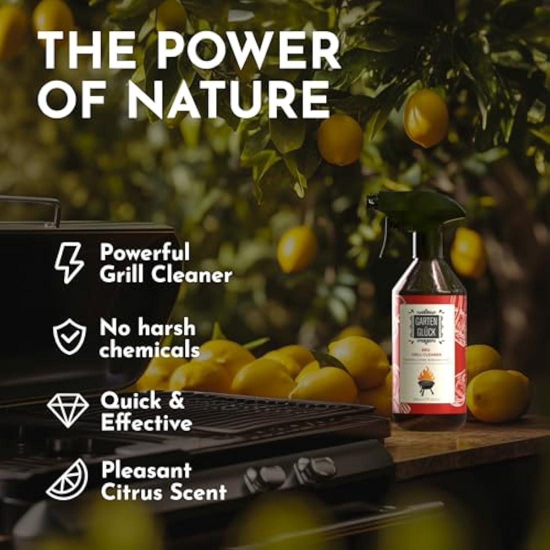 Garten Glück BBQ Cleaner Spray - 500ml - Heavy-Duty BBQ Degreaser with Cold-Pressed Lemon Oil, Natural BBQ Cleaning Products for Grill, Grates & Tools, Easy to Use Barbecue Cleaner for Stubborn Grease