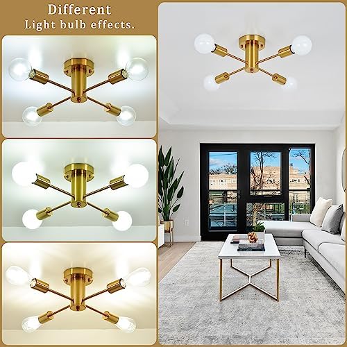 ASHUAQI Gold Sputnik Chandeliers - 4 Lights Semi Flush Ceiling Lights for Living Room, Bedroom, Kitchen, Lounge, Hallway