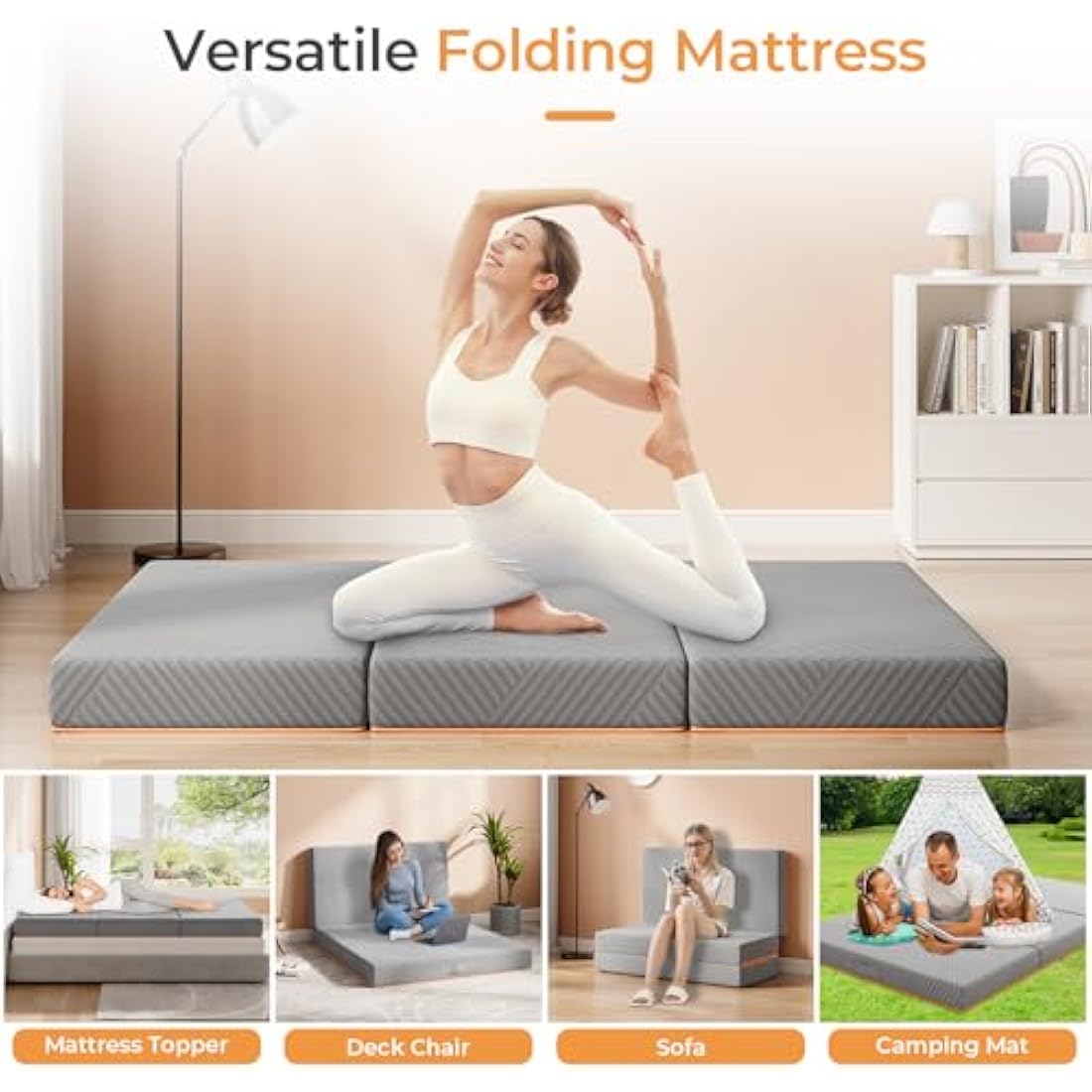 Vesgantti Folding Mattress Single Size 90x190cm, 10CM Gel Memory Foam Foldable Mattress Tri-fold for Travel, Camping, Guest Bed - Grey, CertiPUR-US Certified