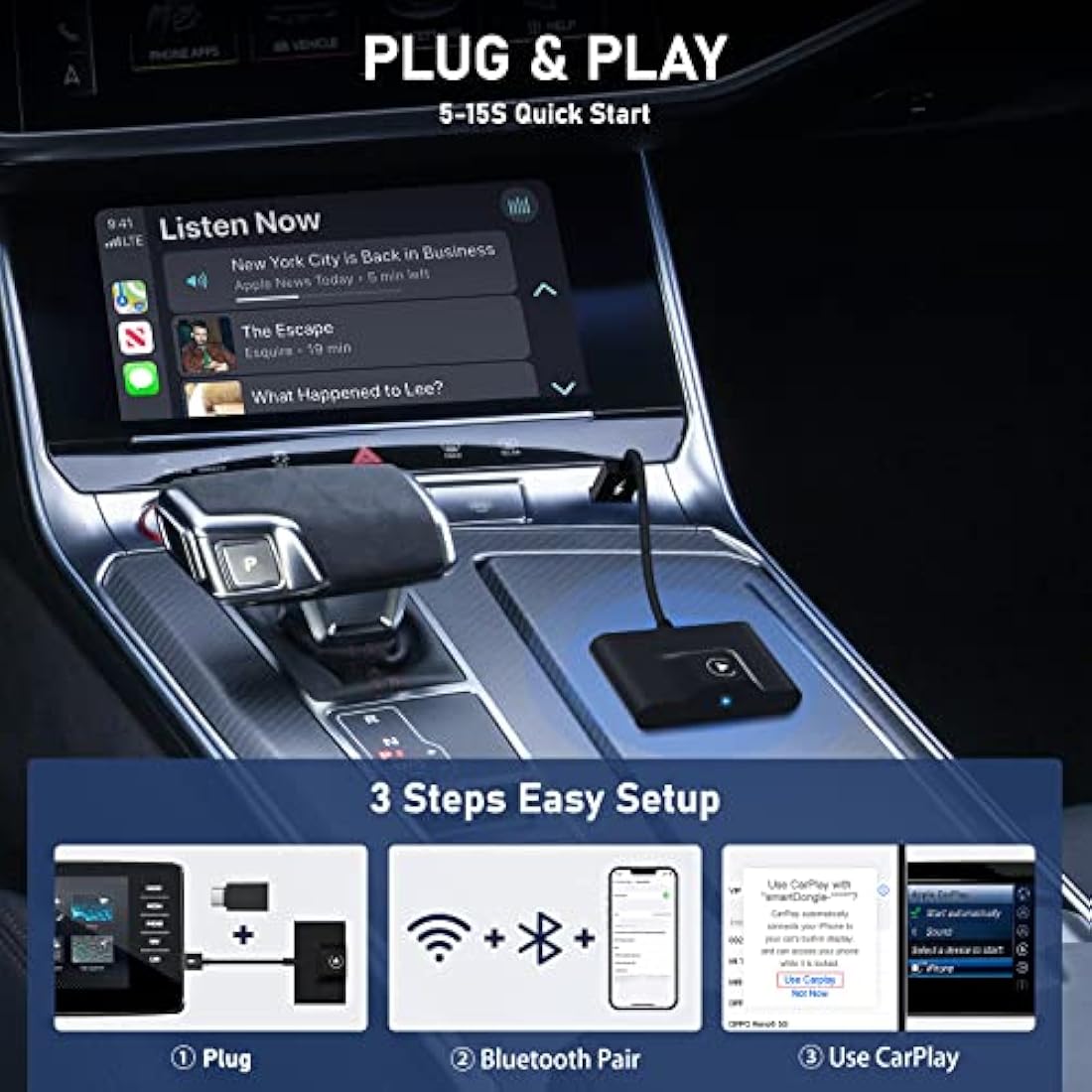 CarPlay Wireless Adapter for Factory Wired CarPlay 2024 Upgrade Plug & Play Wireless CarPlay Dongle Converts Wired to Wireless Fast and Easy Use Compatible with Cars from 2015 & iPhone iOS 10+