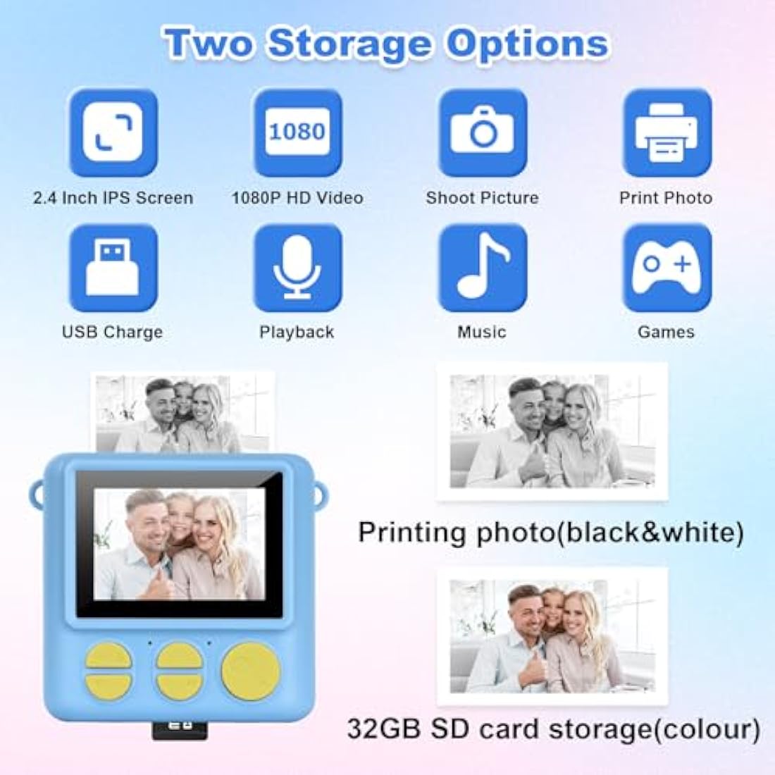 NICEWIN Kids Instant Camera for Girls and Boys, 1080P HD Digital Print Camera with Photo Paper, Fun Birthday Gift Toy for Children (Blue)
