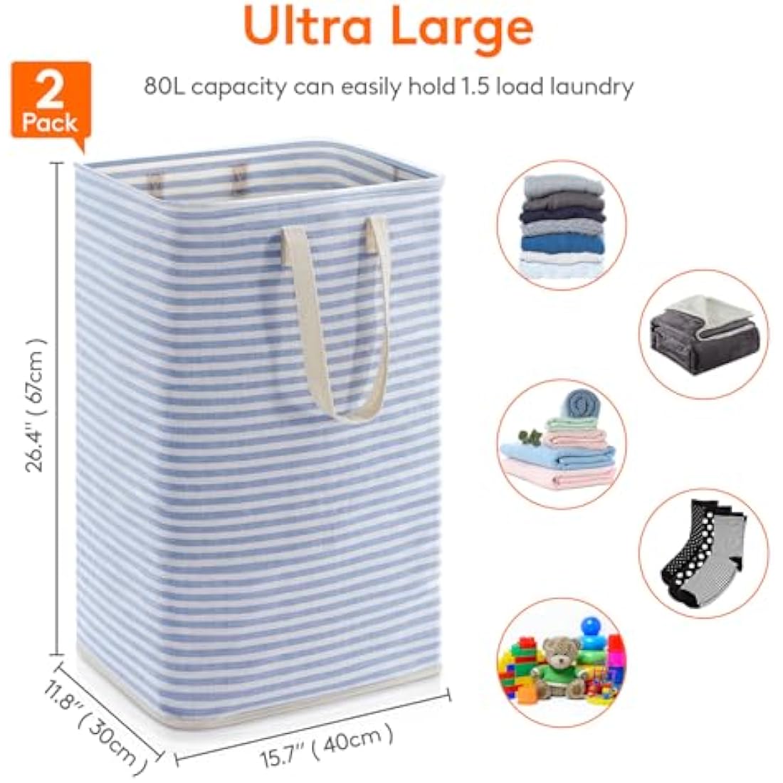 Lifewit Freestanding Laundry Basket 80L, Large Foldable and Waterproof Laundry Basket with Handles Easy Transport, Laundry Basket for Clothes, Towels, Toys, Blankets, Blue, 2 Packs