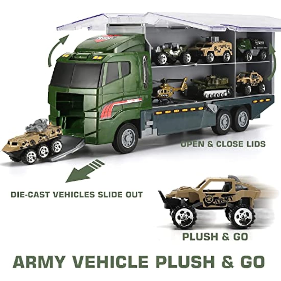 Military Carrier Truck (26 in 1) with Soldier Men playset, Mini Die-cast Battle Car in Transport Truck, Army Toy Double Side Vehicle for Kid Children Girl Boy Play Birthday Party Gift
