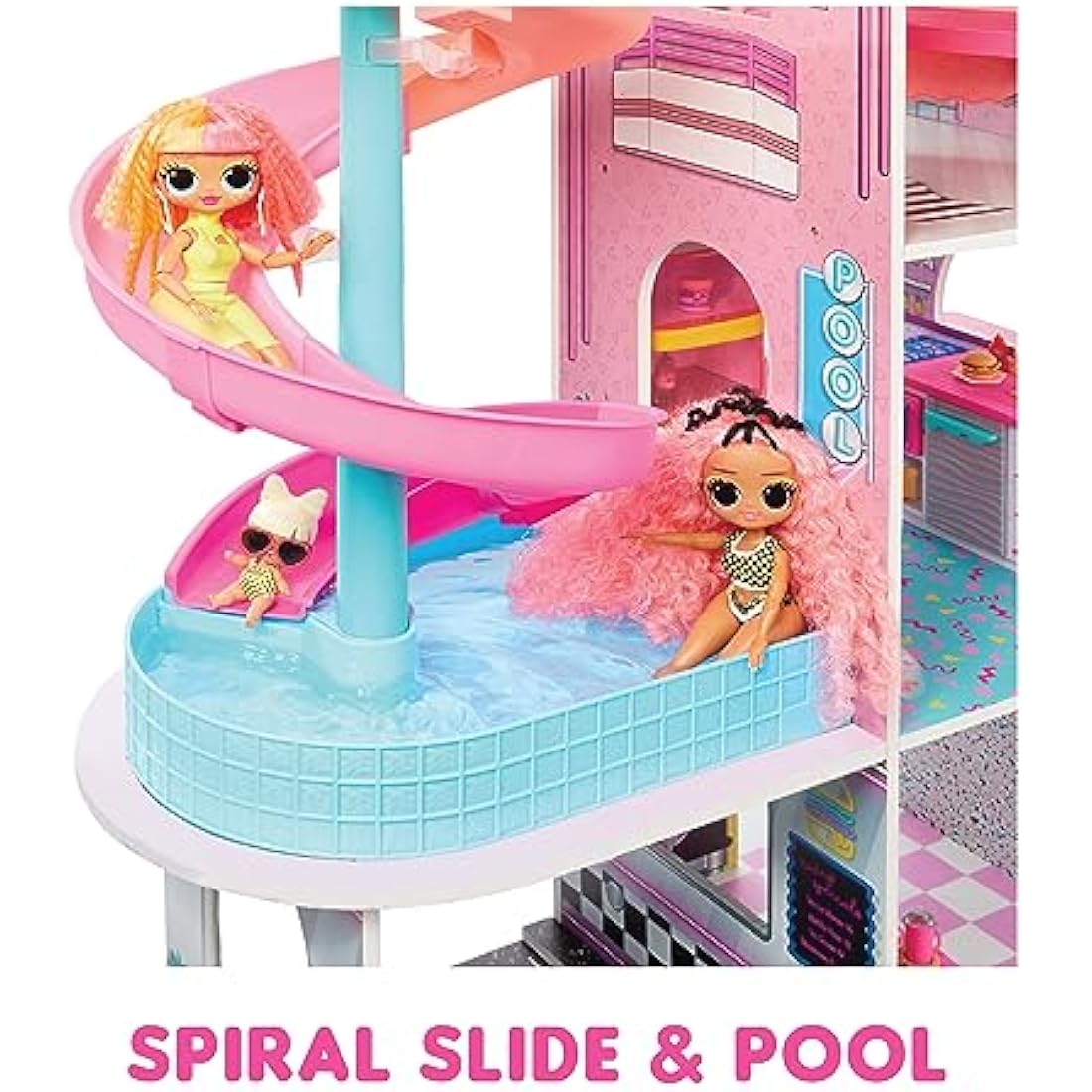 L.O.L. Surprise OMG Fashion House Playset with 85+ Surprises - Real Wood Doll House with Pool, Spiral Slide, Rooftop Patio, Cinema, Transforming Furniture, and more - Great for Kids Ages 4+