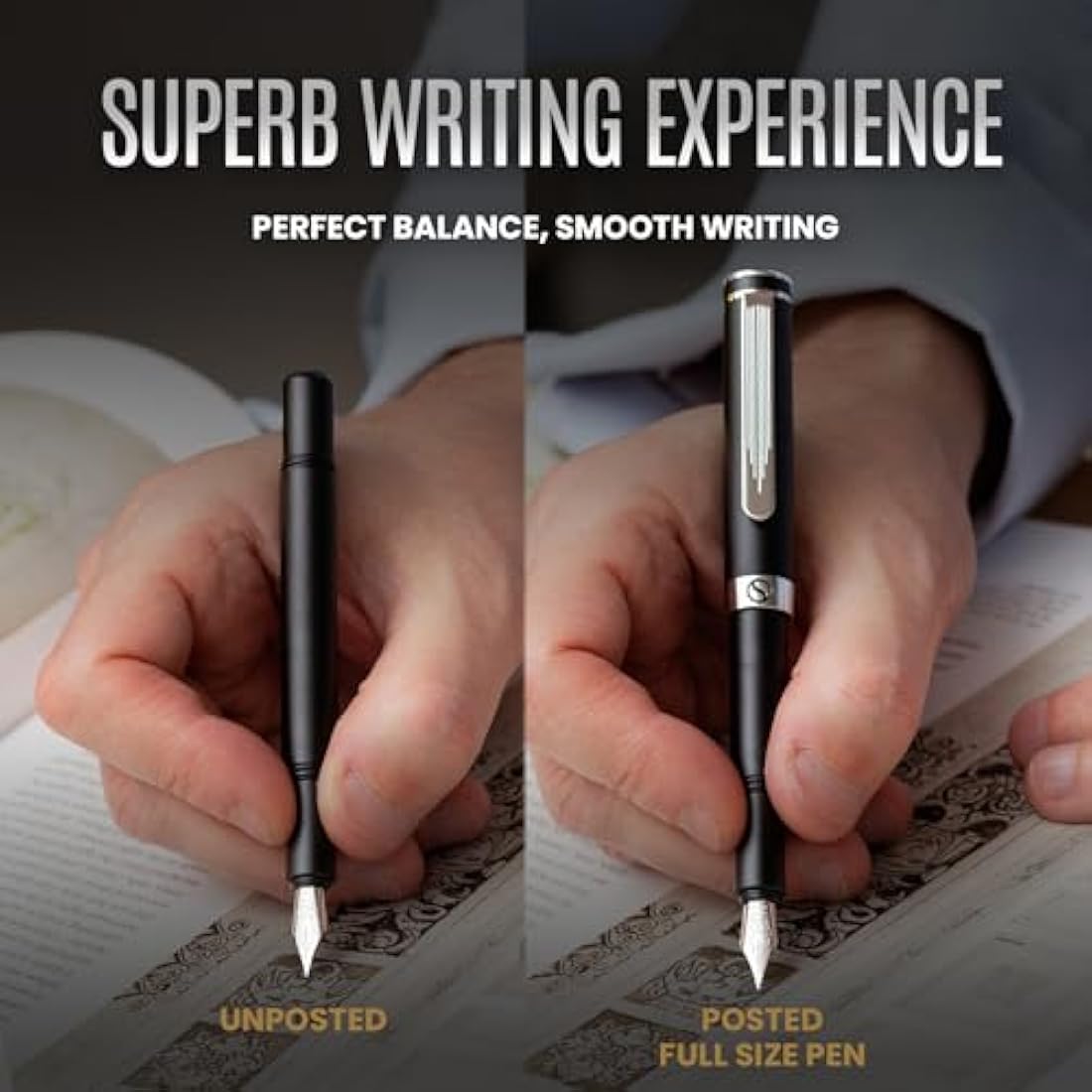 Scriveiner Luxury EDC Fountain Pen (Medium), Stunning Matt Black with Chrome Finish Pocket Pen with Genuine Schmidt Nib, Includes Converter and Spare Cartridges, Best Writing Gift Set for Men & Women