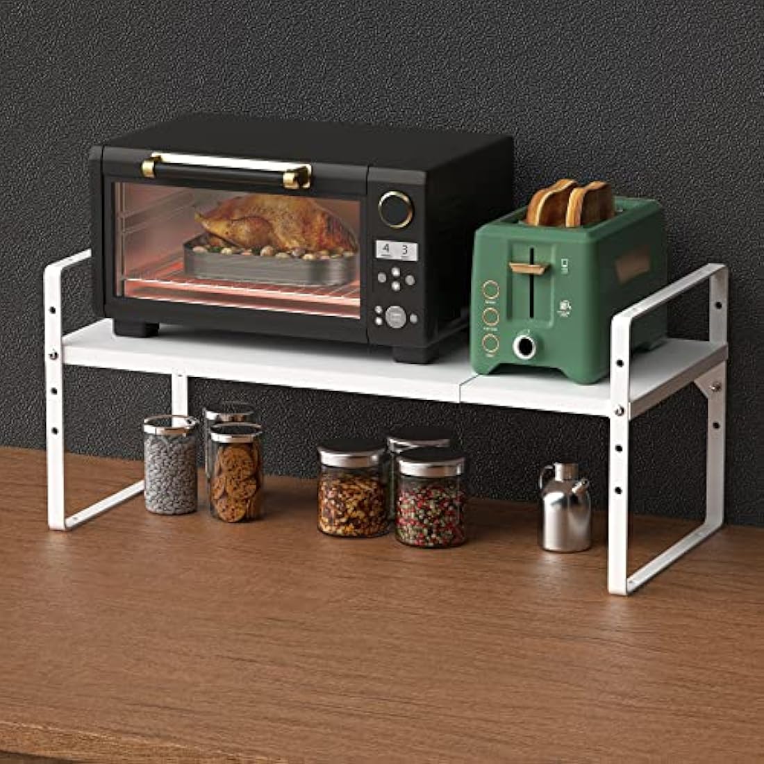 iPEGTOP 2 Pack Expandable Cabinet Storage Shelf Organizer Rack, Heavy Duty Steel Metal Spice Rack Adjustable Height Home Office Pantry Shelf Space for Counter Kitchen Organization, White, Medium