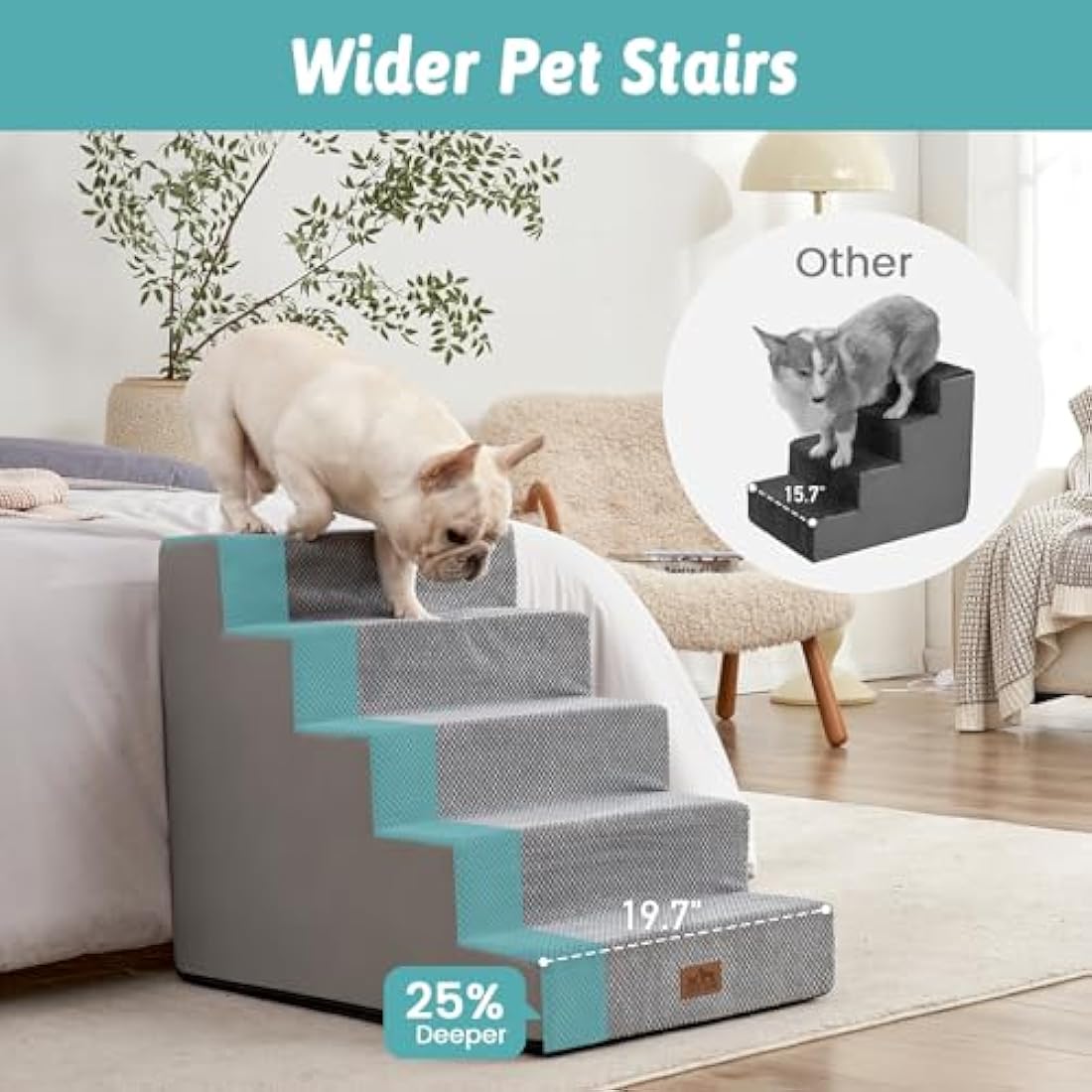 COZY KISS Wide Dog Stairs for Small Dogs, 19.7" Width Pet Stairs for High Bed Car, 60 cm High Non-Slip Dog Steps for Old Cats, Puppies, Small Medium Dogs, 75x50x60cm, 5 Tiers, Grey