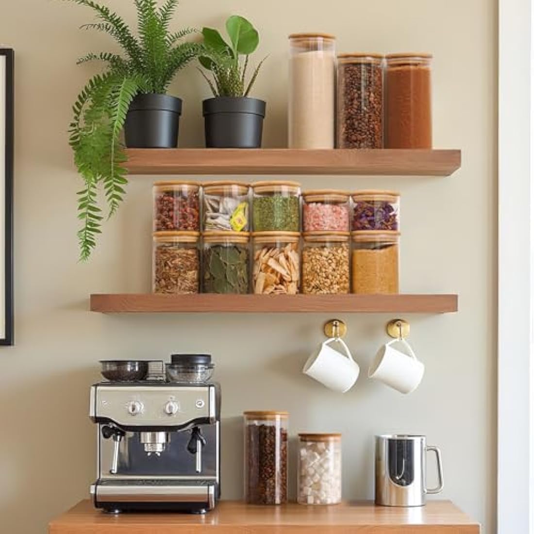 ComSaf Airtight Glass Food Storage Jars Set of 6, 600ml Clear Glass Food Storage Container with Sealing Wooden Lid, Stackable Spice Jar, Round Kitchen Canister for Sugar, Tea, Coffee bean, Pasta