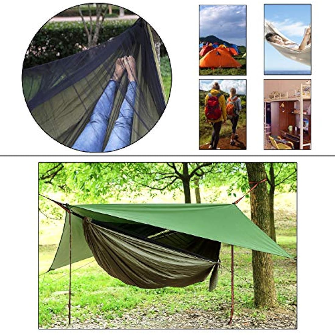 Camping Hammock Set, Single Double Hammock, Mosquito Net, Insect Net, Rainfly, High Strength Parachute Cloth Hammock. Suitable for outdoor, hiking, camping, travel Army Green