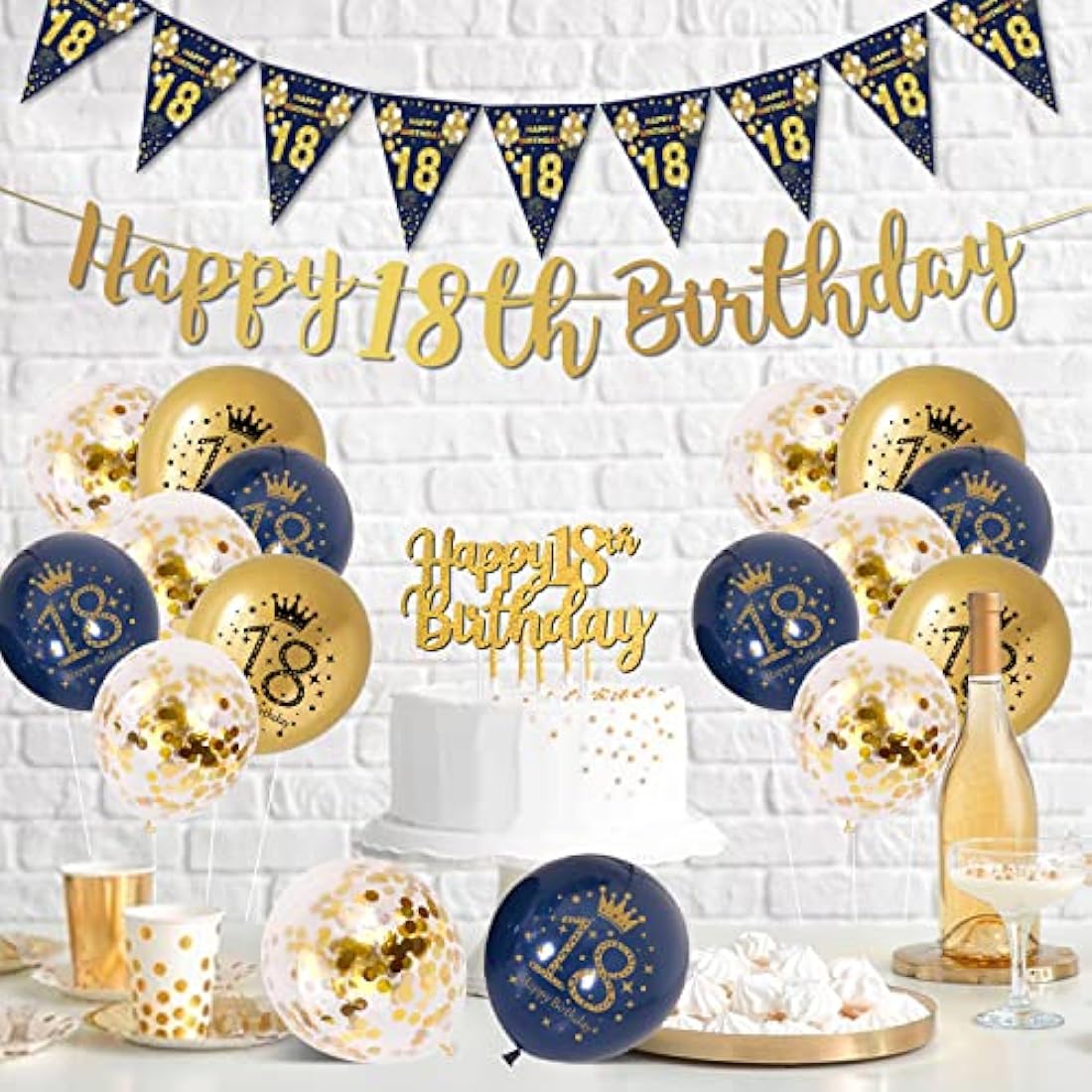 18th Birthday Decorations Boys Blue Gold Happy 18th Birthday Banner, 18th Birthday Balloons, Navy Blue Gold Latex Balloons Party Decorations Confetti Balloons for Boys 18 Birthday Party Supplies