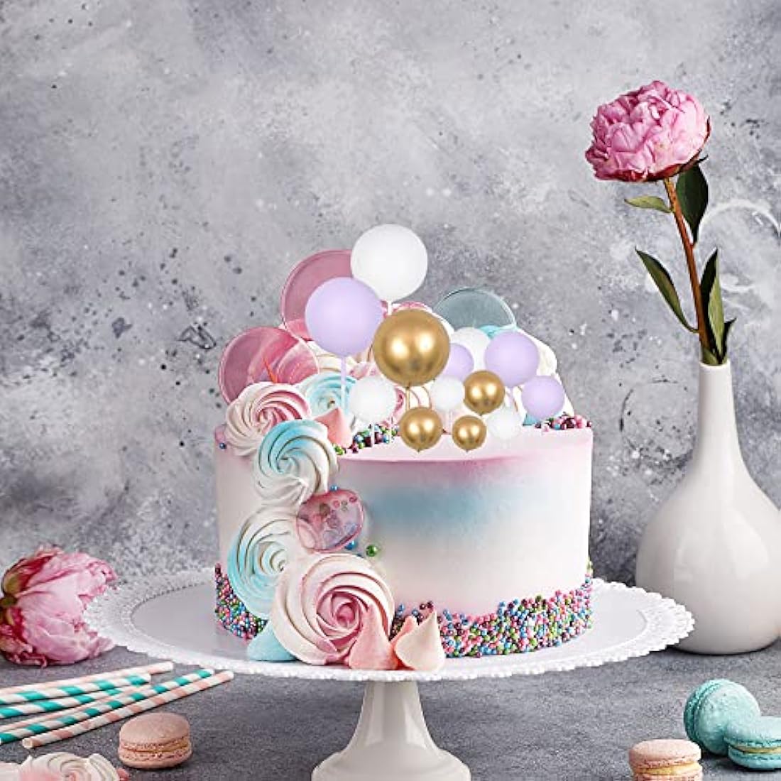 Gyufise 30Pcs Ball Cake Topper Ball Cake Picks Colorful Pearl Ball Shaped Cupcake Insert Cake Topper for Babyshower Birthday Party Favors Wedding Decoration Supplies Purple White Gold