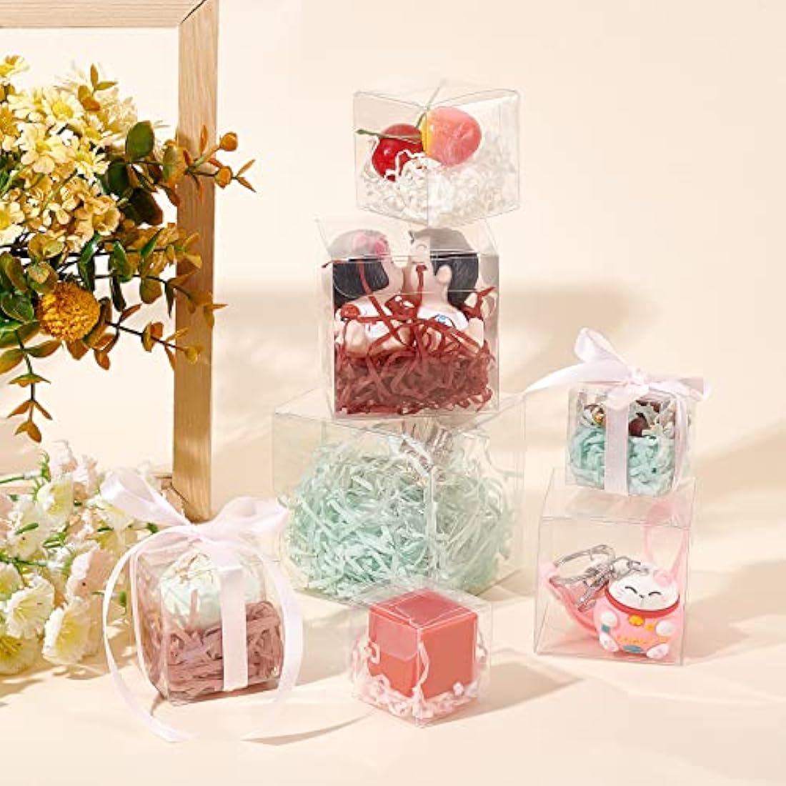 BENECREAT 50PCS 7x7x7cm Clear Cube Wedding Favour Boxes PVC Transparent Cube Gift Boxes for Birthday Candy Chocolate Cake Balloon