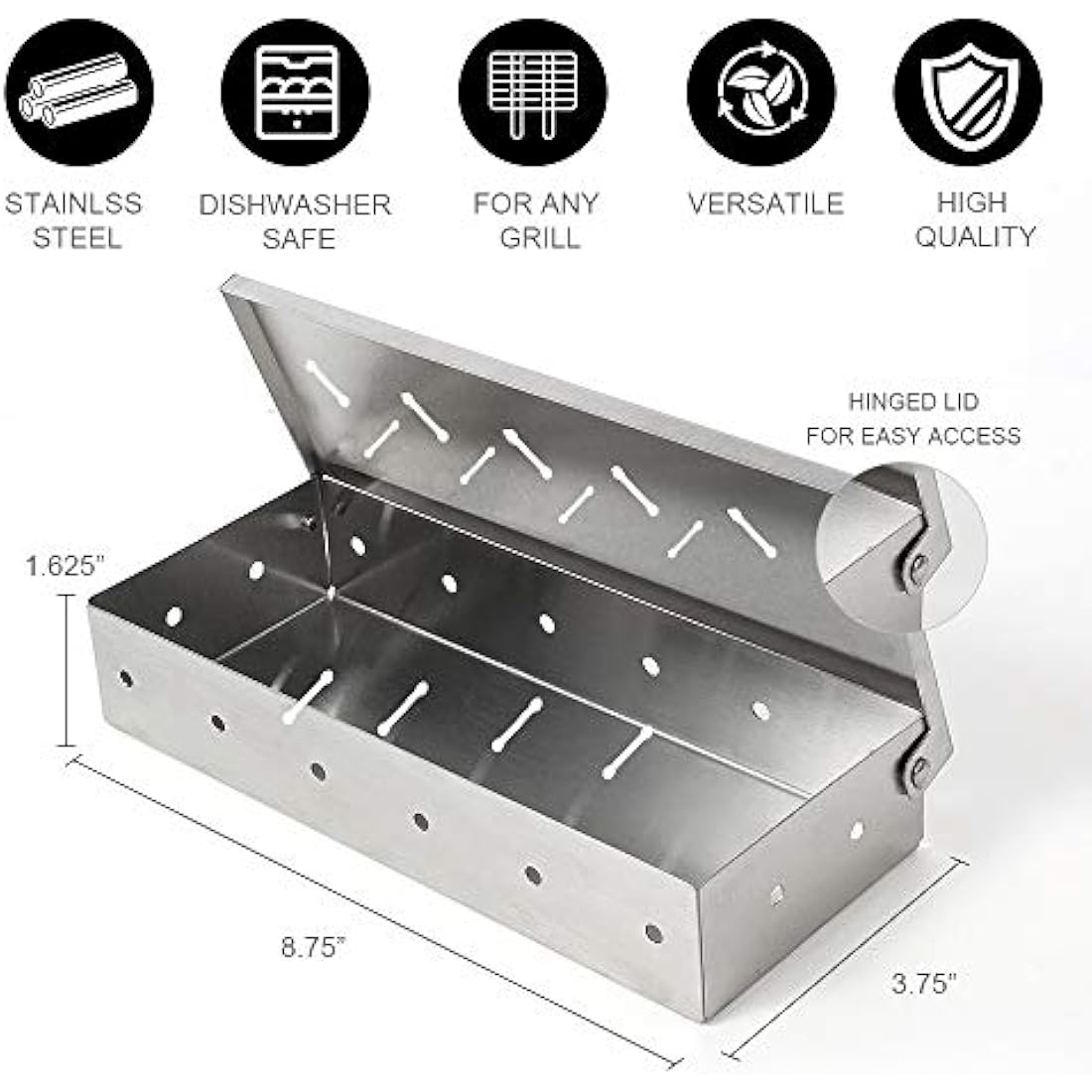 Smoker Box for BBQ Grill Wood Chips -Smoker Grill Accessories - Charcoal & Gas Barbecue Meat Smoking with Hinged Lid - Best Grilling Accessories & Utensils Gift for Dad
