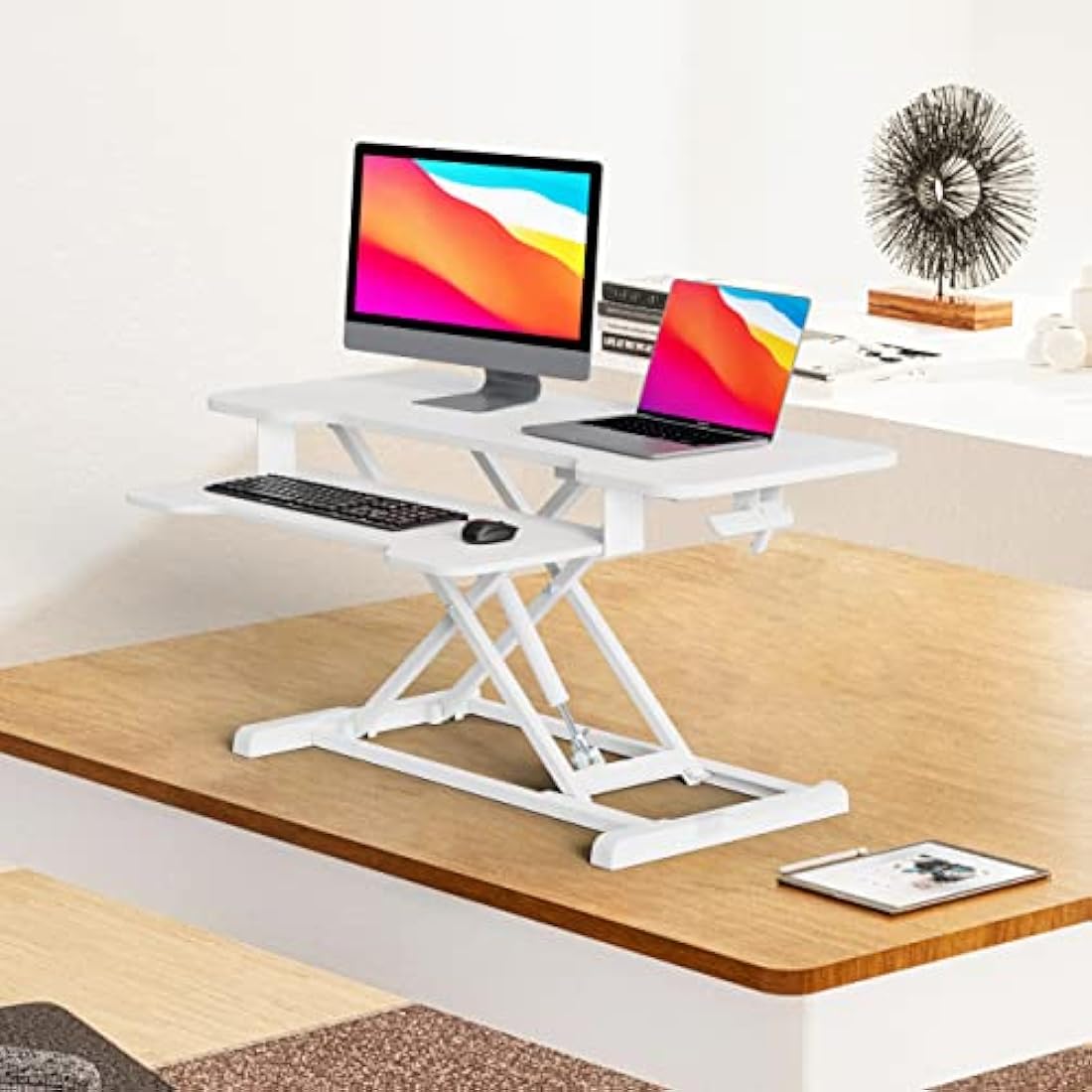 PUTORSEN Standing Desk Converter, 36" Height Adjustable Sit Stand Desk Riser with Keyboard Tray, Dual Tiered Computer Workstation with Cup Holder and Note Board up to 15kg, White