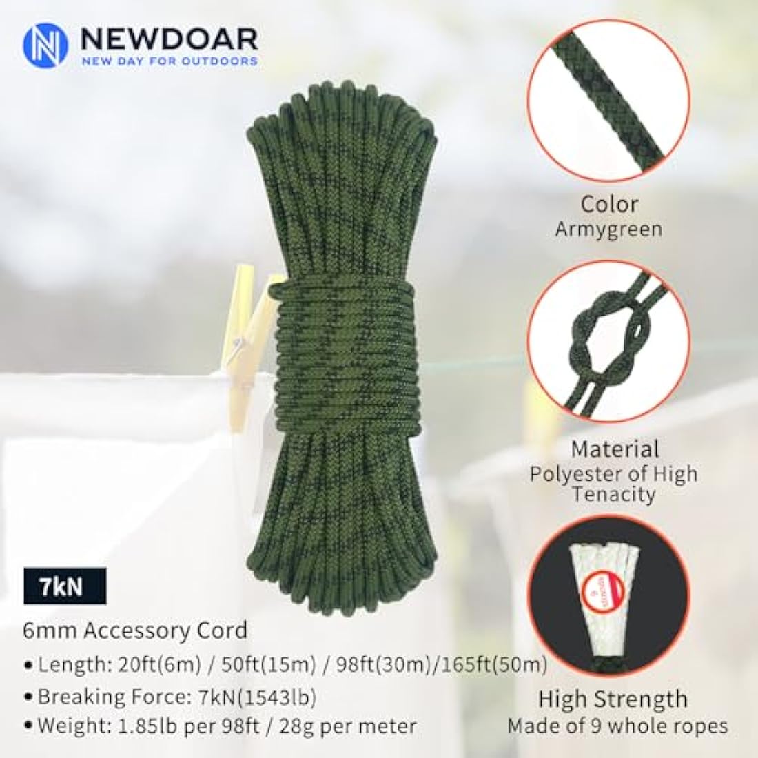 NewDoar Outdoor Rope 6mm Accessory Cord Rope 6M/15M/30M/50M Escape Rope Multifunctional Cord for Magnet Fishing, Hauling Loads Sailboat Dock lines Camping Hiking Hauling Dragginge-ArmyGreen/50M